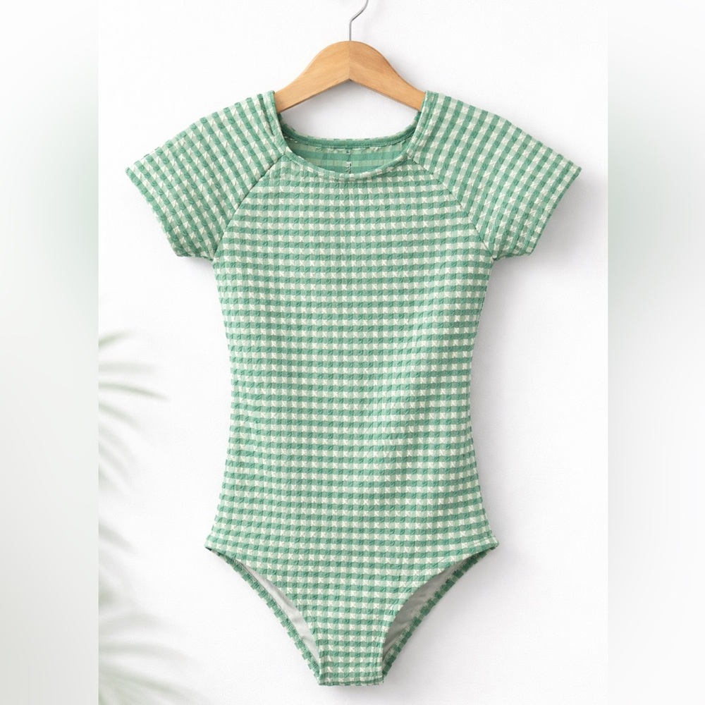 Lands’ End Girls Green Gingham One Piece Swimsuit Size 5/6 Bow Back